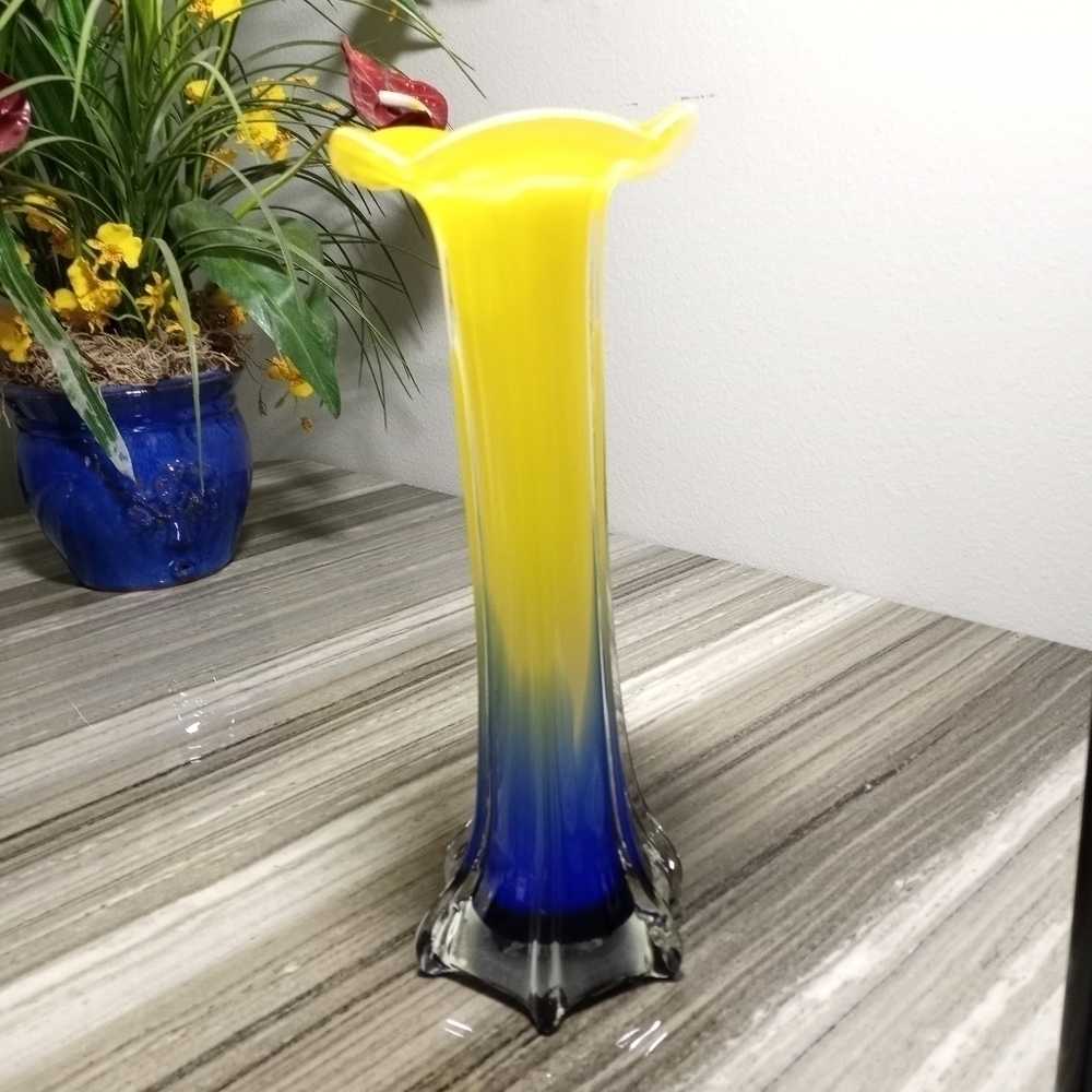 Yellow and Blue Glass Art Vase